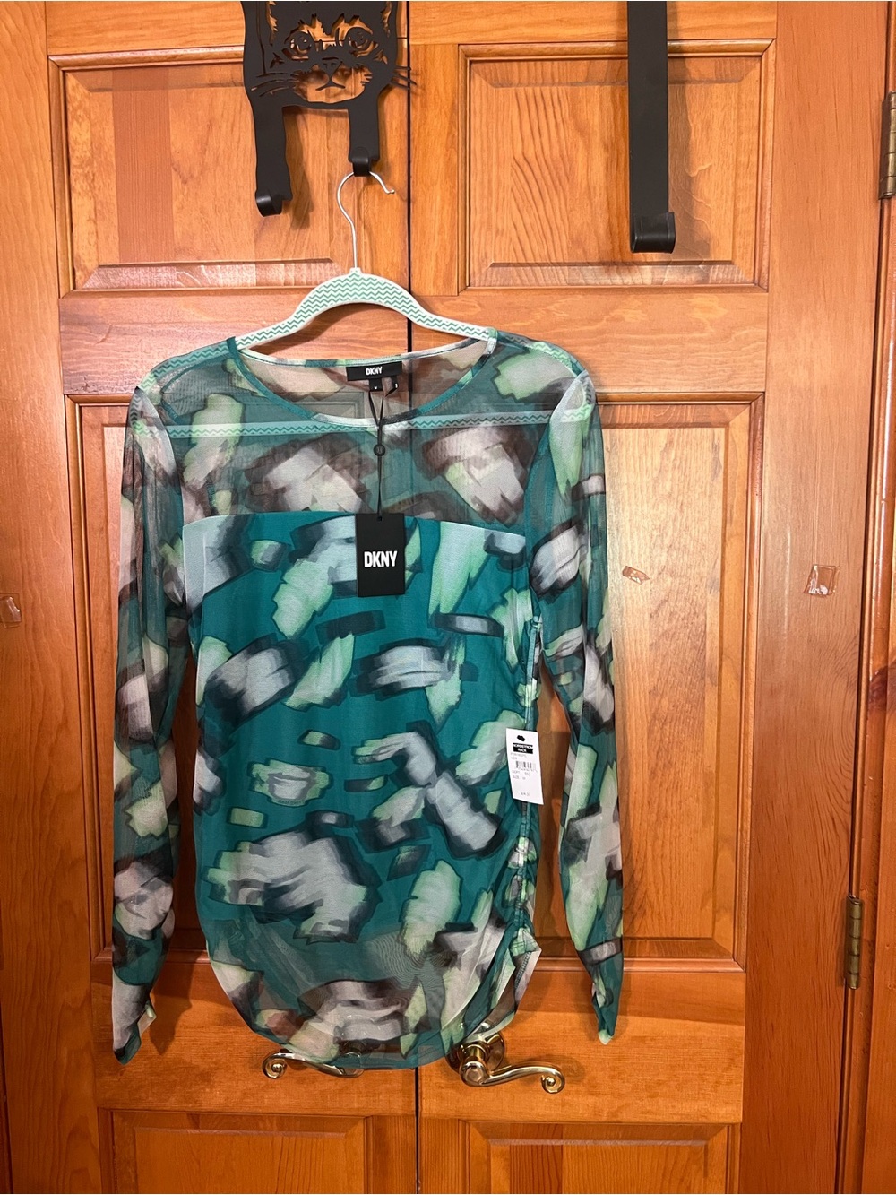 DKNY Teal and Green Abstract Long Sleeve Sheer Top